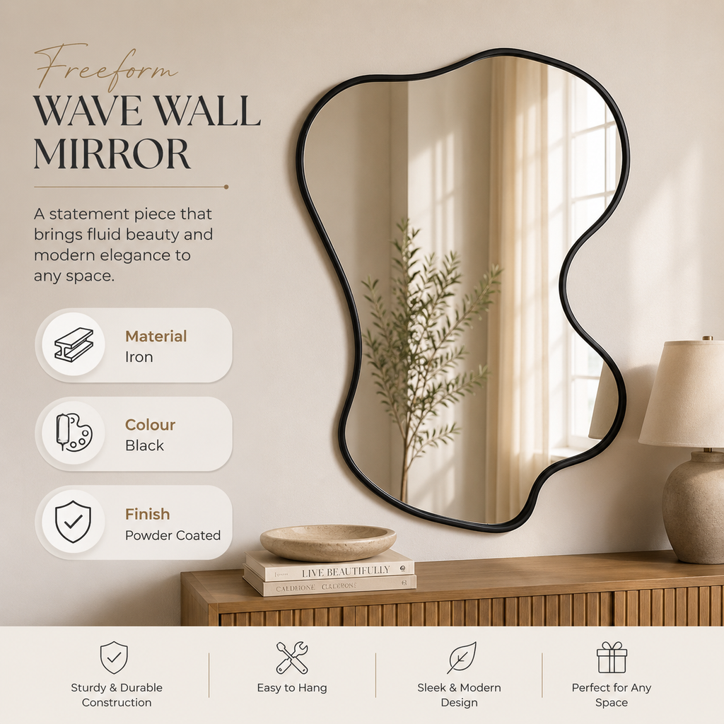 Freeform Wave zwarte wandspiegel – modern decoratief accent