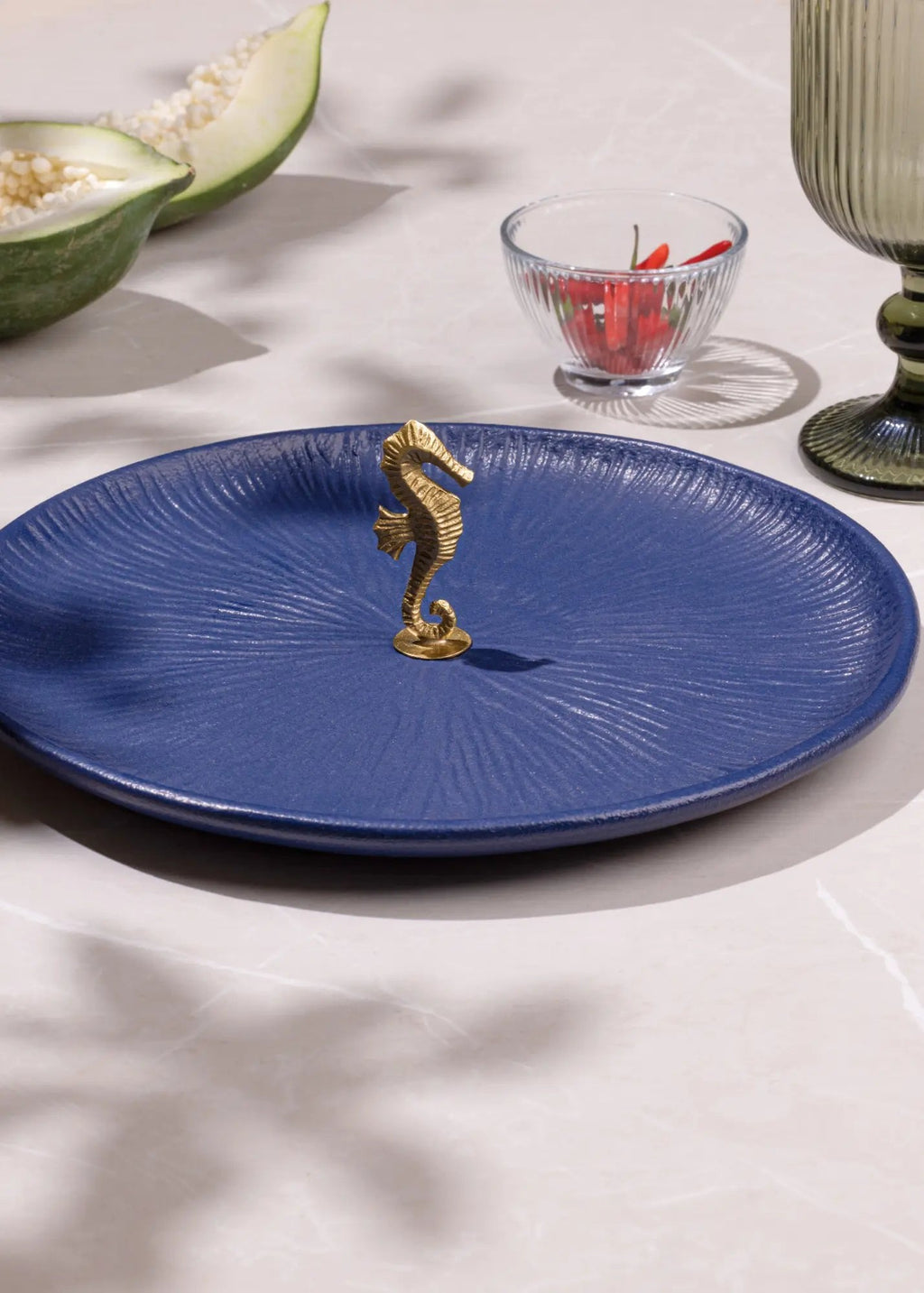 Keramiek Messing Zeepaardje Dienblad - Blauw