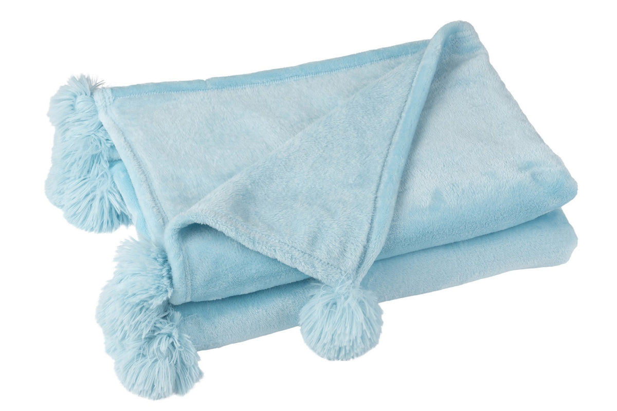 J-Line plaid Pompom - polyester - hemelsblauw - 170 x 130 cm