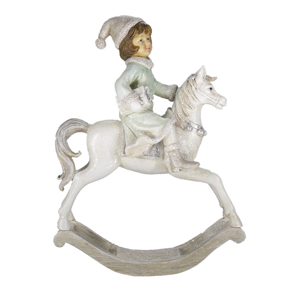 Beeld Hobbelpaard 26 cm Beige Groen Kunststof Kerstdecoratie