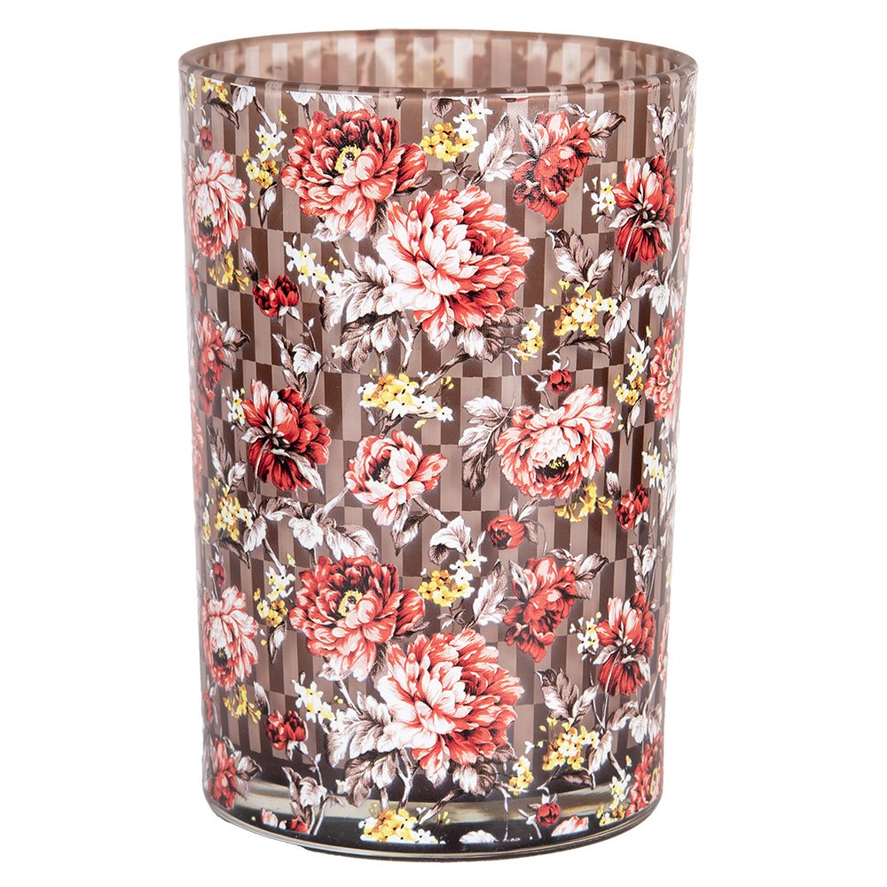 Theelichthouder Ø 12x18 cm Bruin Rood Glas Bloemen