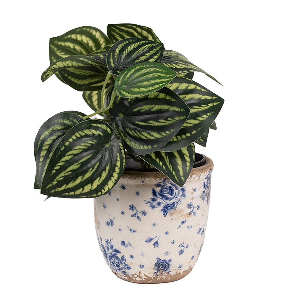 Bloempot Ø 11x10 cm Beige Blauw Keramiek Roosjes Bloempot Binnen