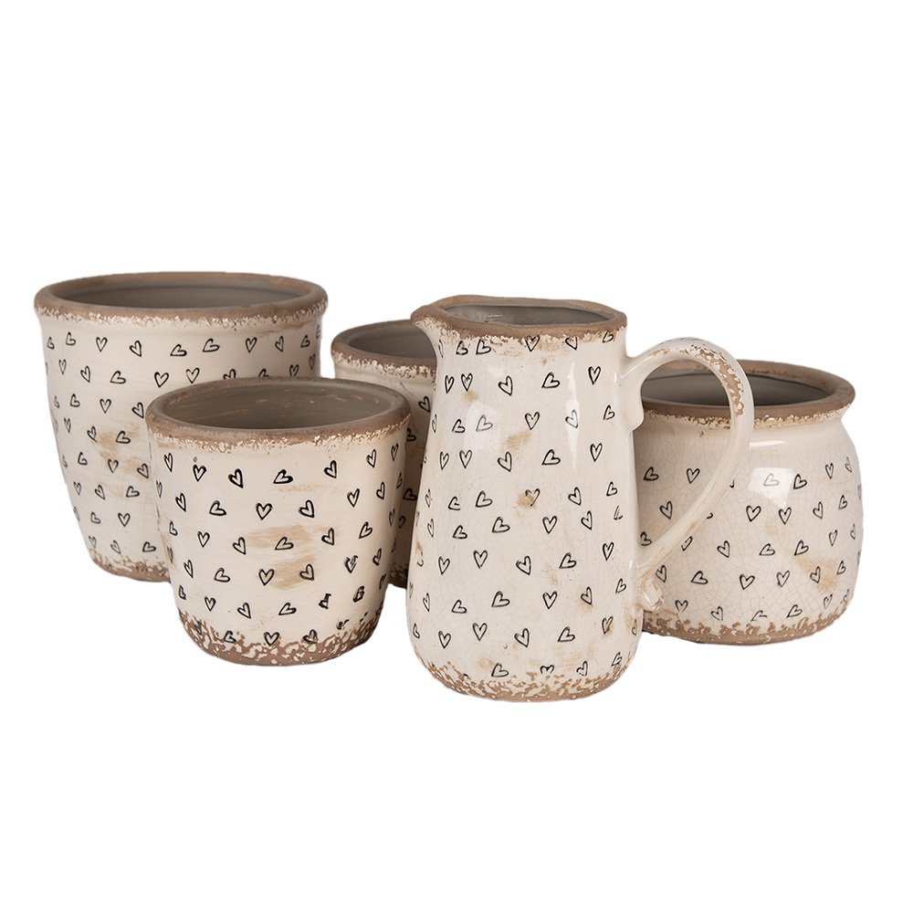Bloempot Ø 16x13 cm Beige Zwart Keramiek Hartjes Bloempot Binnen