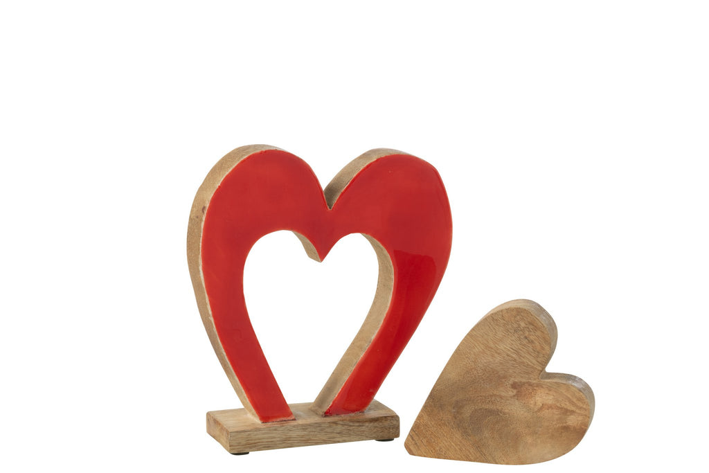 J-Line decoratie Hart Dubbel Op Voet - hout - rood/naturel - medium