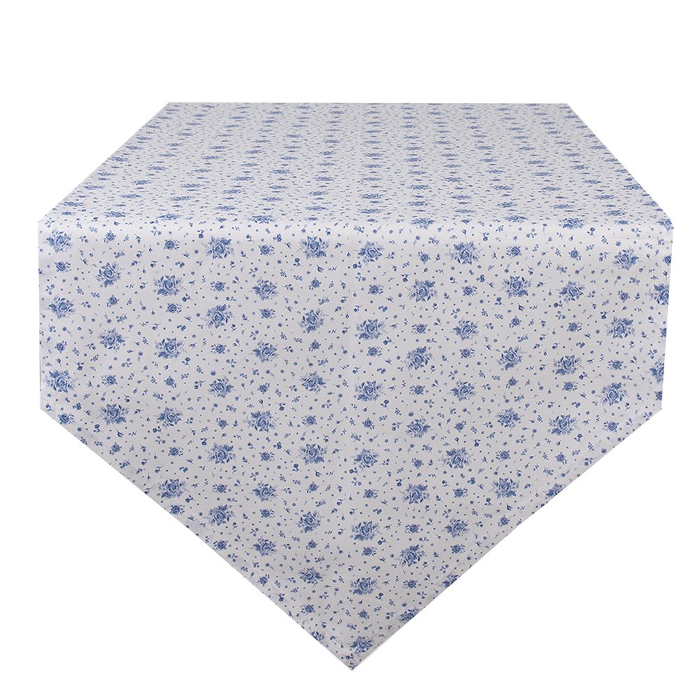 Tafelloper 50x160 cm Wit Blauw Katoen Roosjes