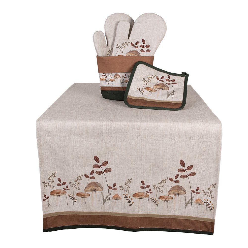 Tafelloper 50x140 cm Beige Katoen Paddenstoelen Tafelkleed
