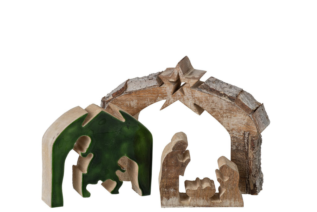 J-Line Kerststal met schors - mangohout - naturel/donkergroen - medium