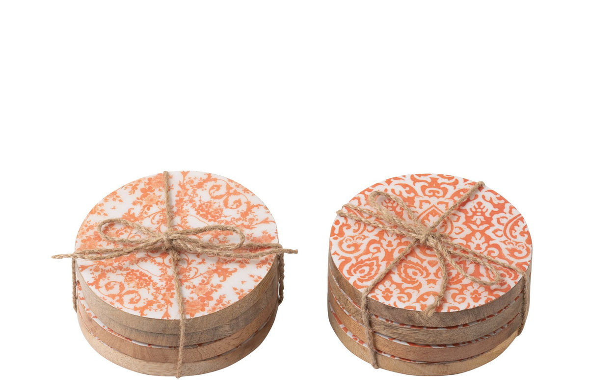J-Line onderzetter - hout - oranje/wit - set van 8