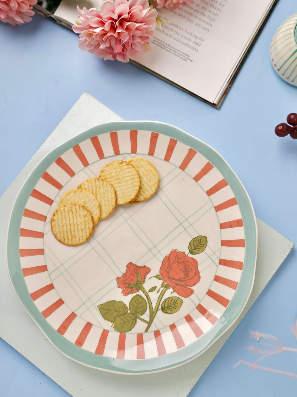 Serveerbord | Keramiek Handgeschilderde Ronde Rozen | 27 cm