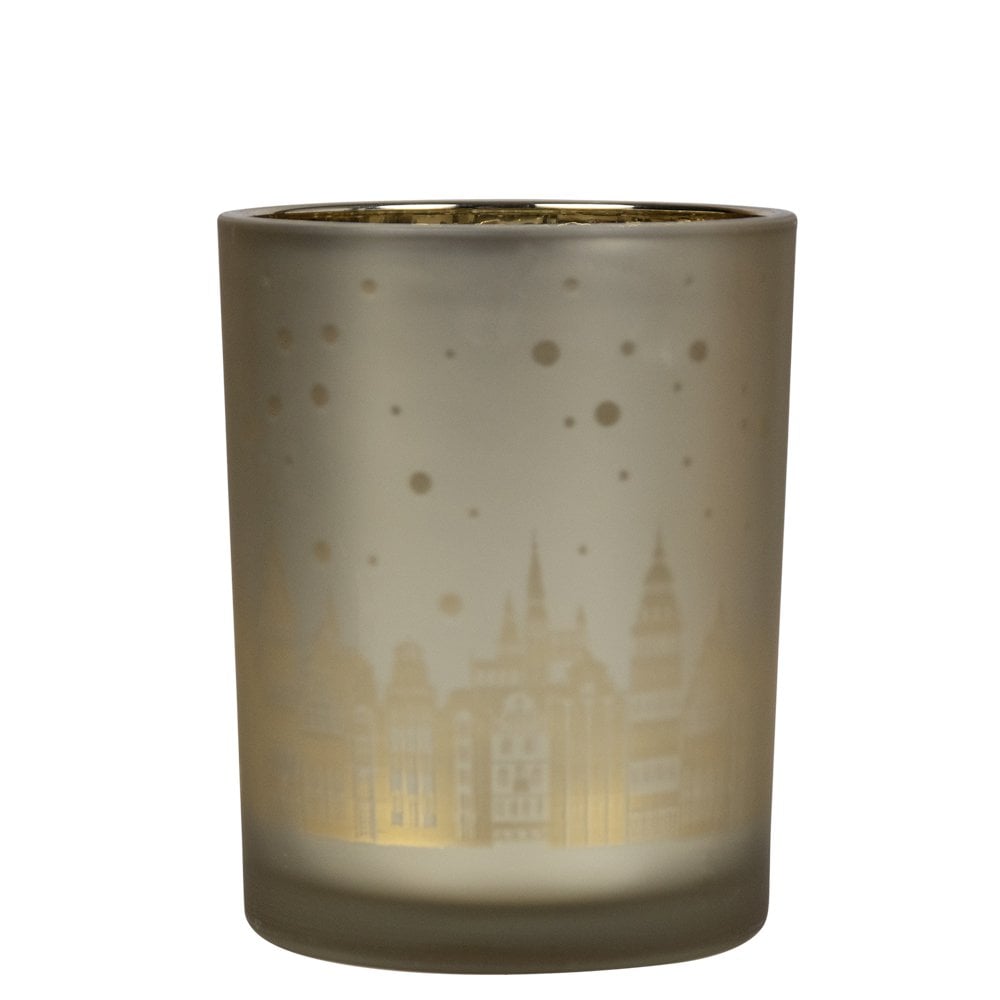 Theelichthouder huisjes goud medium 12cm