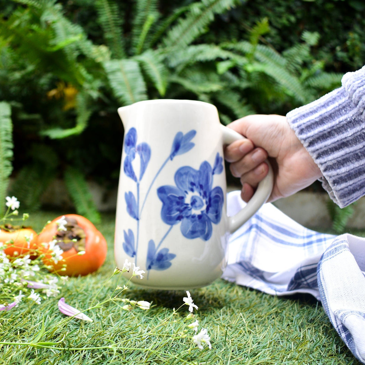 Kruik | Keramiek Handgeschilderde Blauwe Bloem | 800 ml