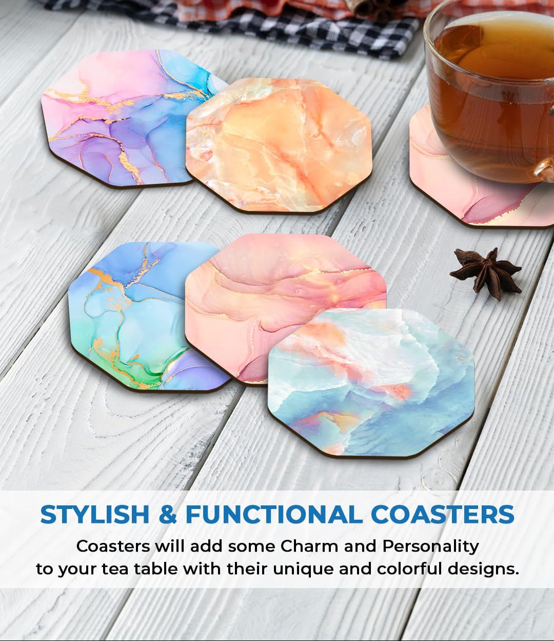 Premium designer bedrukte houten onderzetters voor theekopjes, koffiemokken en glazen (3,5x3,5 inch, set van 5) | Woondecoratie en geschenken