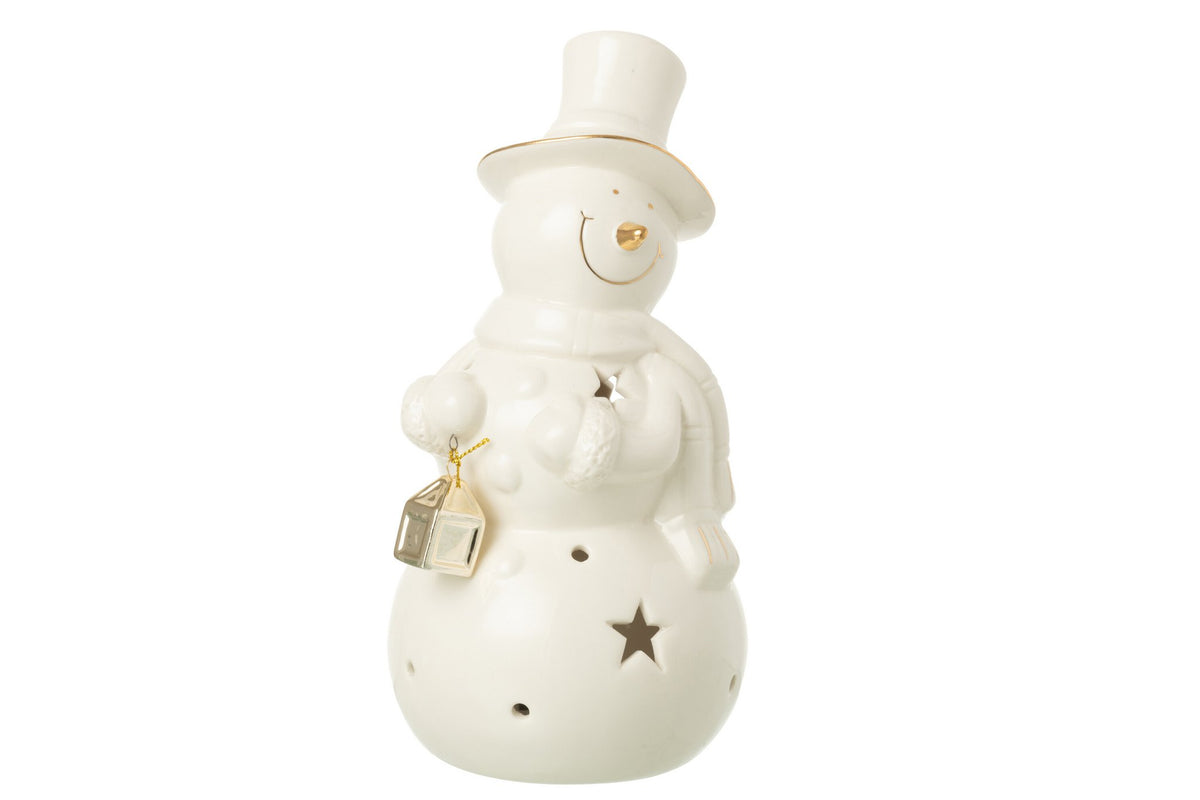 J-Line figuur Sneeuwman - porselein - ecru - L - LED lichtjes