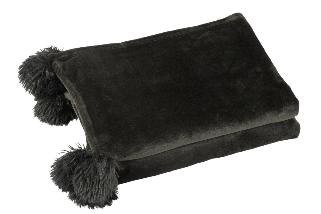 J-Line plaid Pompom - polyester - zwart - 170 x 130 cm