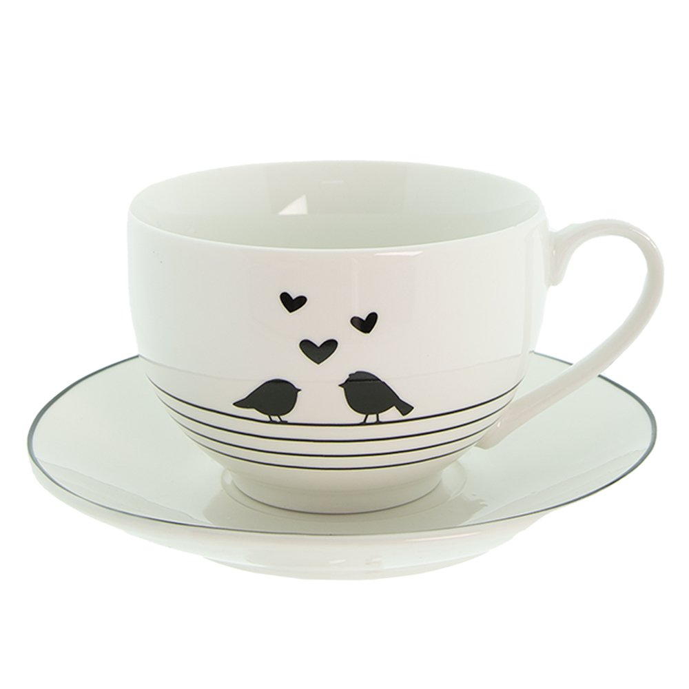 Kop en Schotel 220 ml Wit Zwart Porselein Harten Vogels Servies