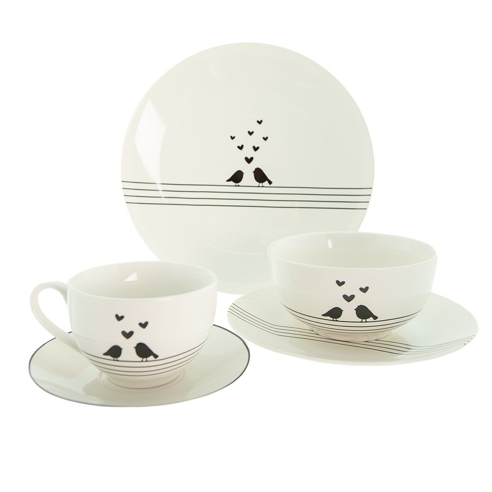 Kop en Schotel 220 ml Wit Zwart Porselein Harten Vogels Servies