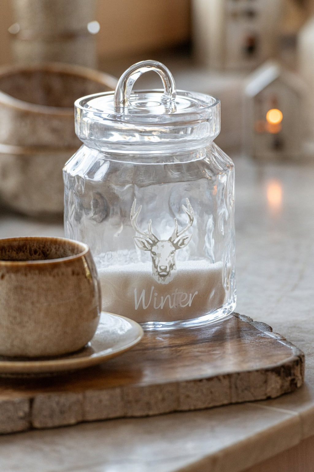 J-Line Voorraadpot met hert - glas - wit/naturel