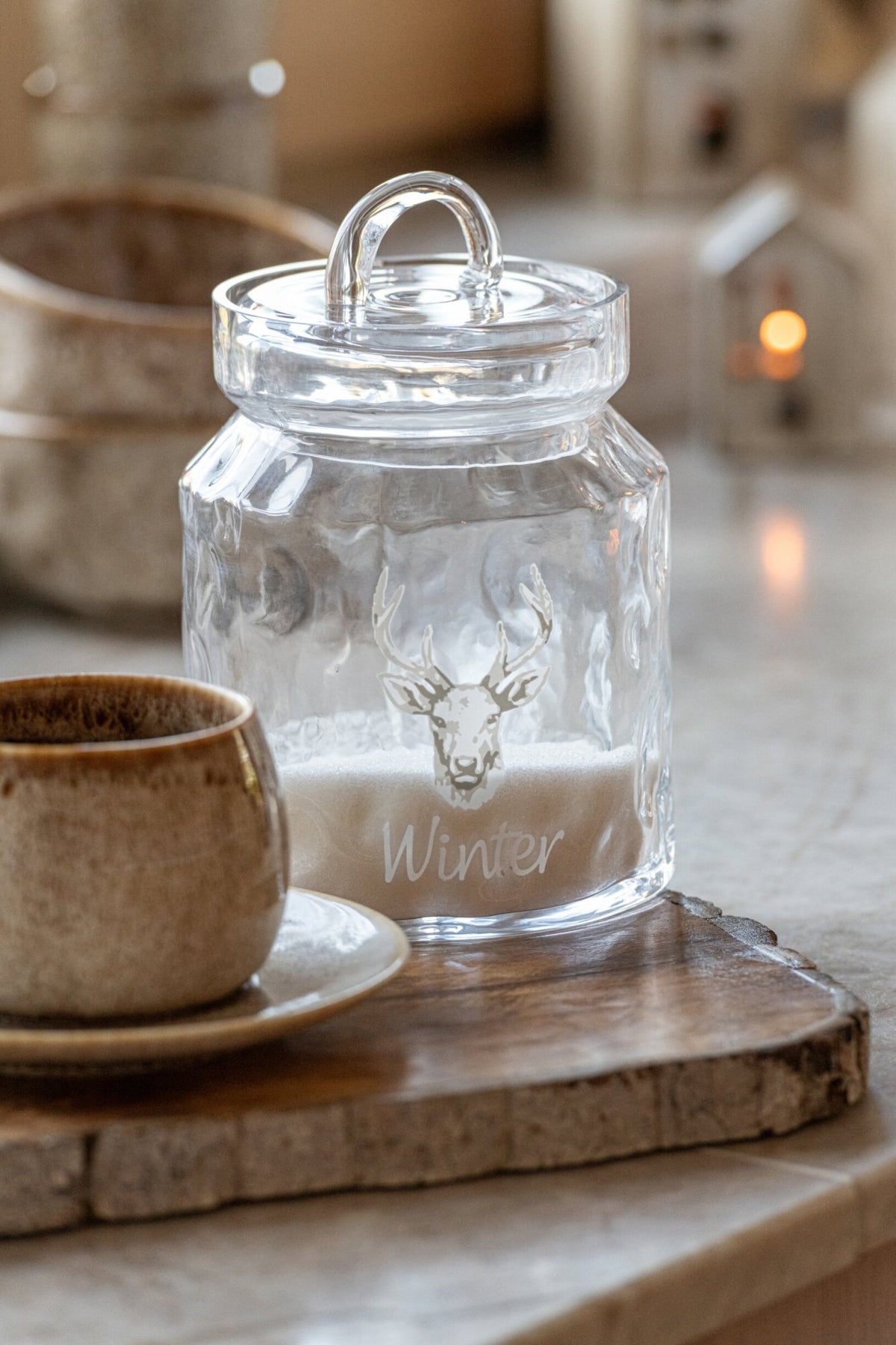 J-Line Voorraadpot met hert - glas - wit/naturel