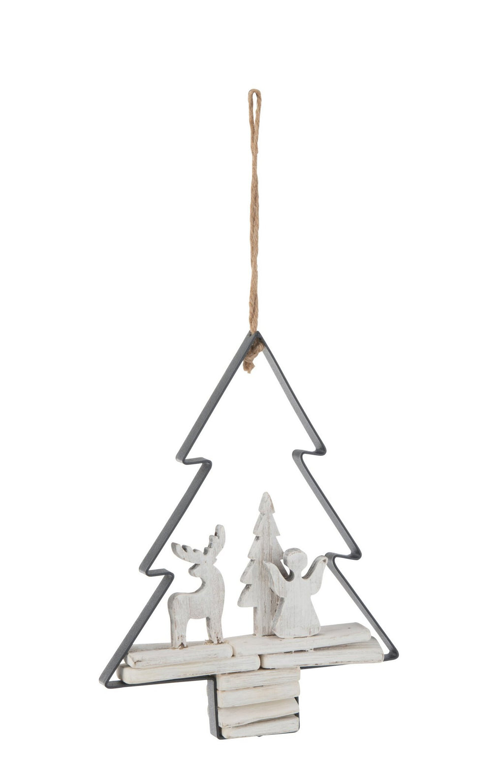 J-Line kersthanger Kerstboom + Figuren - hout/metaal - wit