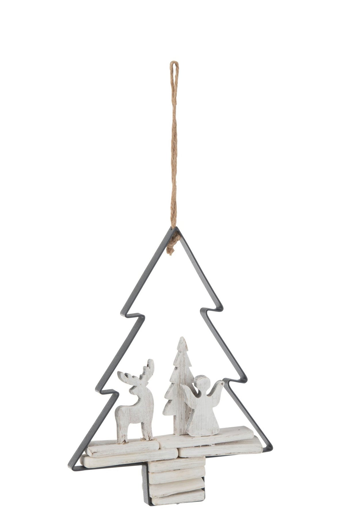 J-Line kersthanger Kerstboom + Figuren - hout/metaal - wit
