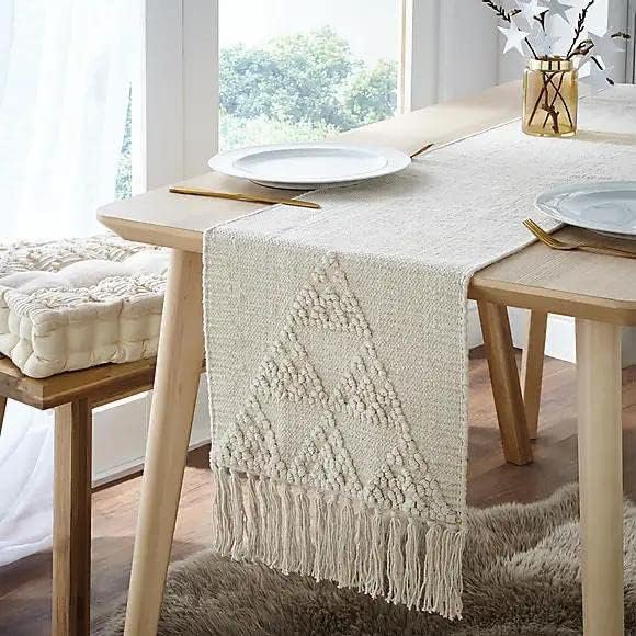 Handgemaakte tafelloper van natuurlijk katoen – tafellinnen met kwastjes – gebroken wit geometrisch – 14x72 inch, enkele eenheid