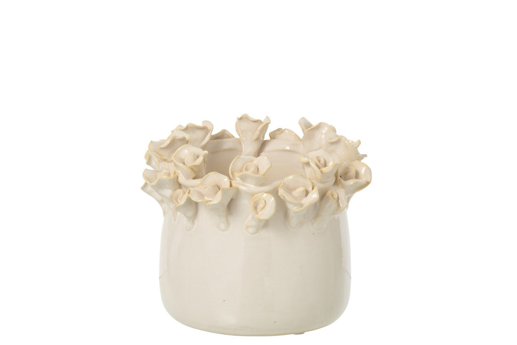J-Line Bloempot met rozen - keramiek - ecru - small