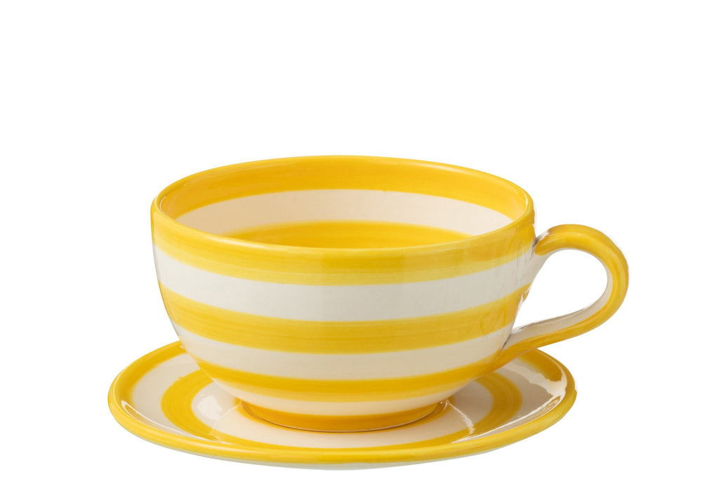 J-Line kopje + schoteltje Granada Stripes - keramiek - wit/geel