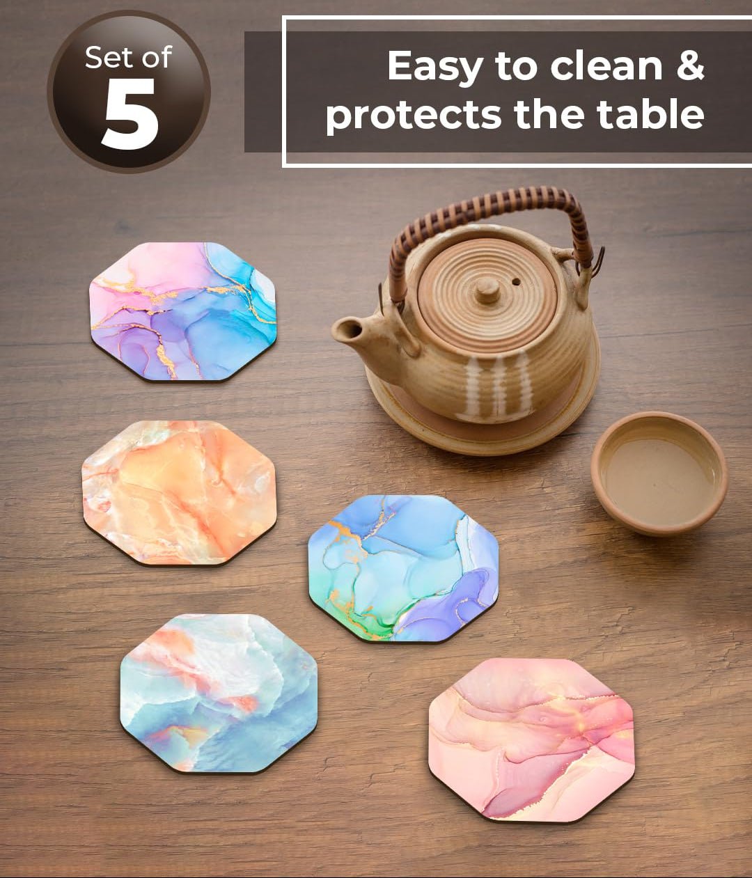 Premium designer bedrukte houten onderzetters voor theekopjes, koffiemokken en glazen (3,5x3,5 inch, set van 5) | Woondecoratie en geschenken