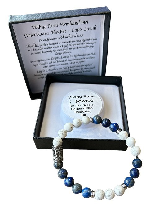 Heren armband 8 mm Sowilo Amerikaans Howliet en Lapis Lazuli met Viking kraal