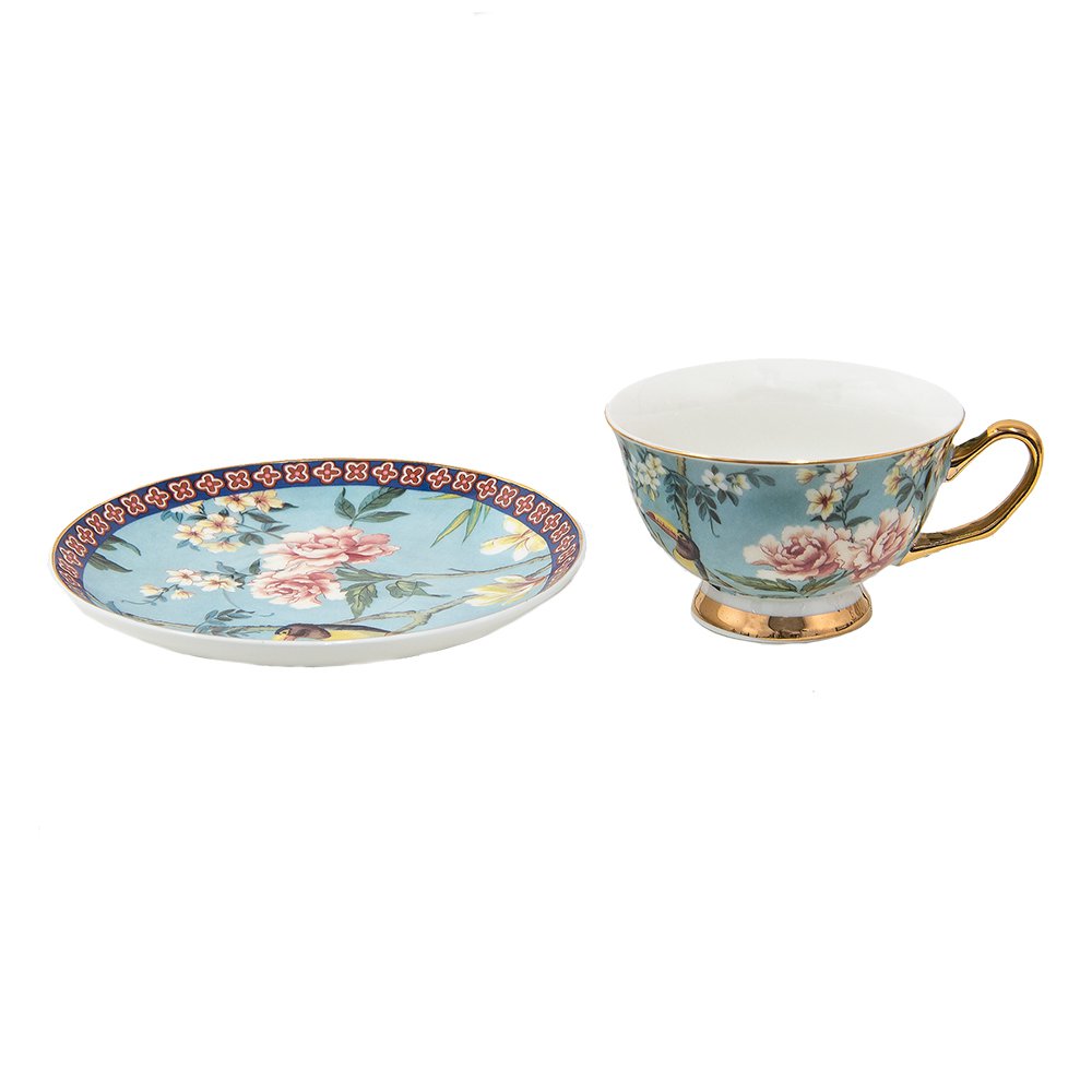 Kop en Schotel 200 ml Blauw Goudkleurig Porselein Vogels Servies