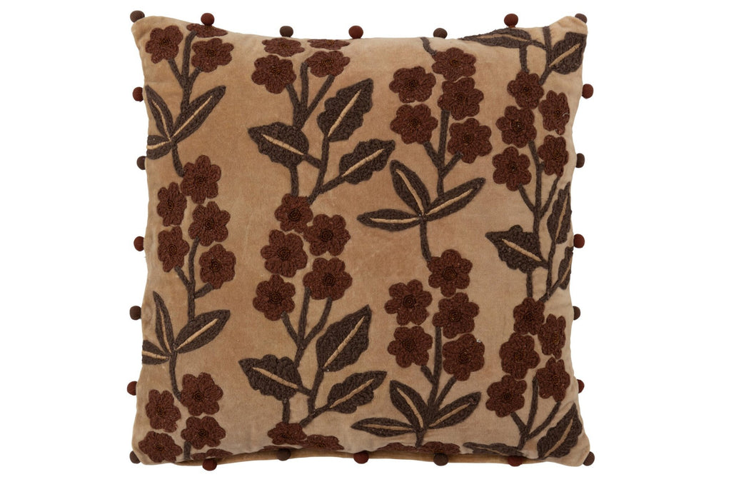 J-Line kussen Bloemen + Bladeren Vierkant - katoen - camel/bruin