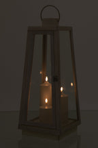 J-Line lantaarn + kaars - glas - wit - L - LED lichtjes