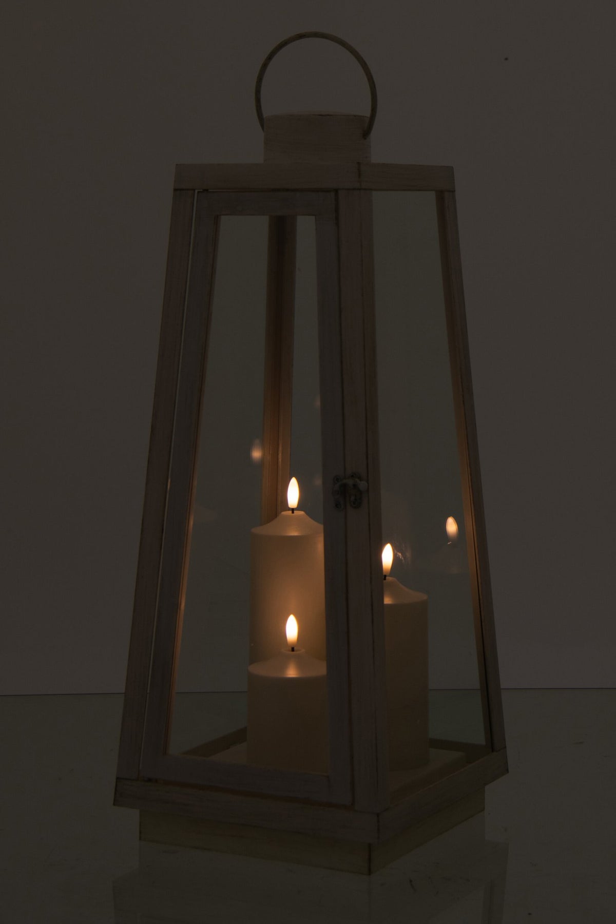 J-Line lantaarn + kaars - glas - wit - L - LED lichtjes