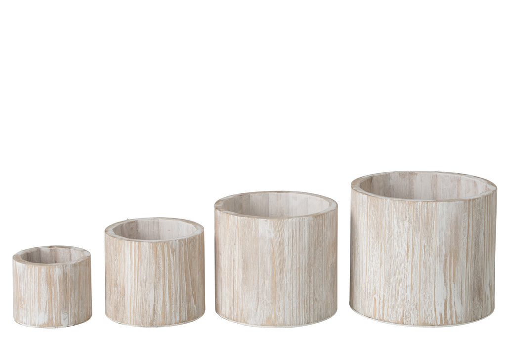 J-Line Bloempotten - hout - gebroken wit - set van 4
