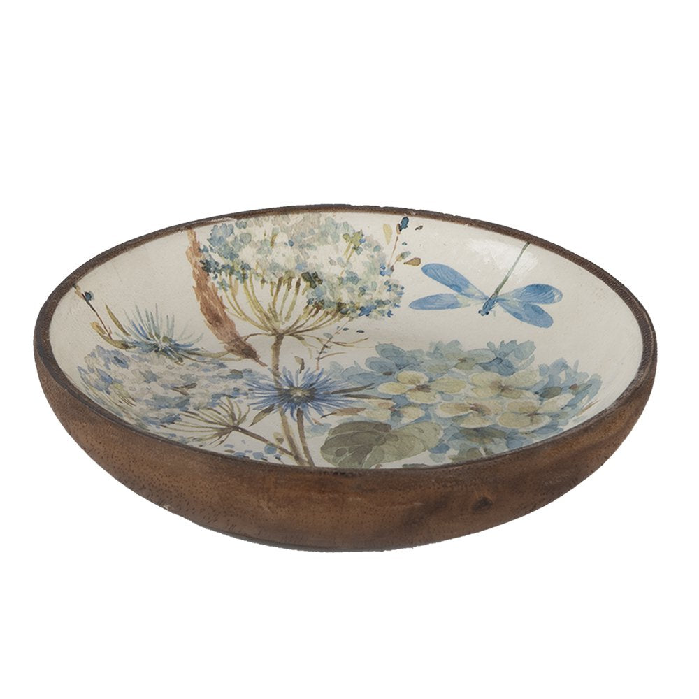 Serveerschaal Ø 20x4 cm Wit Blauw Hout Bloemen Presenteerschaal