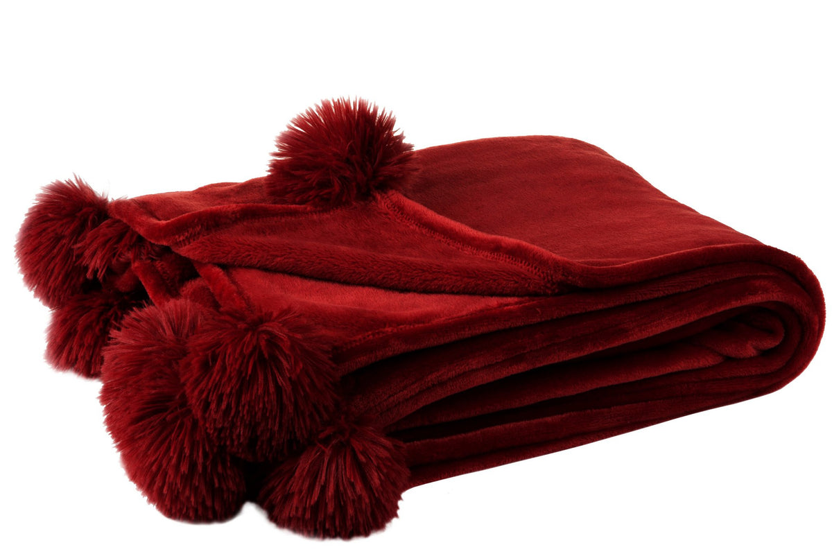 J-Line Plaid Pompon - polyester - rood - 170 x 130 cm