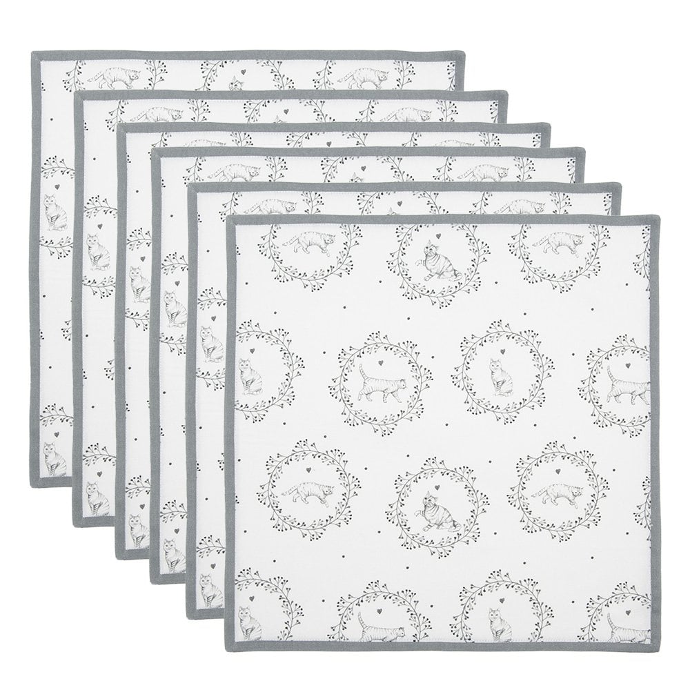 Servetten Katoen Set van 6 40x40 cm Wit Grijs Katoen Kat