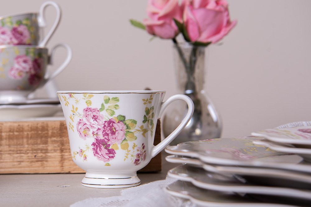 Kop en Schotel 200 ml Wit Porselein Bloemen Servies
