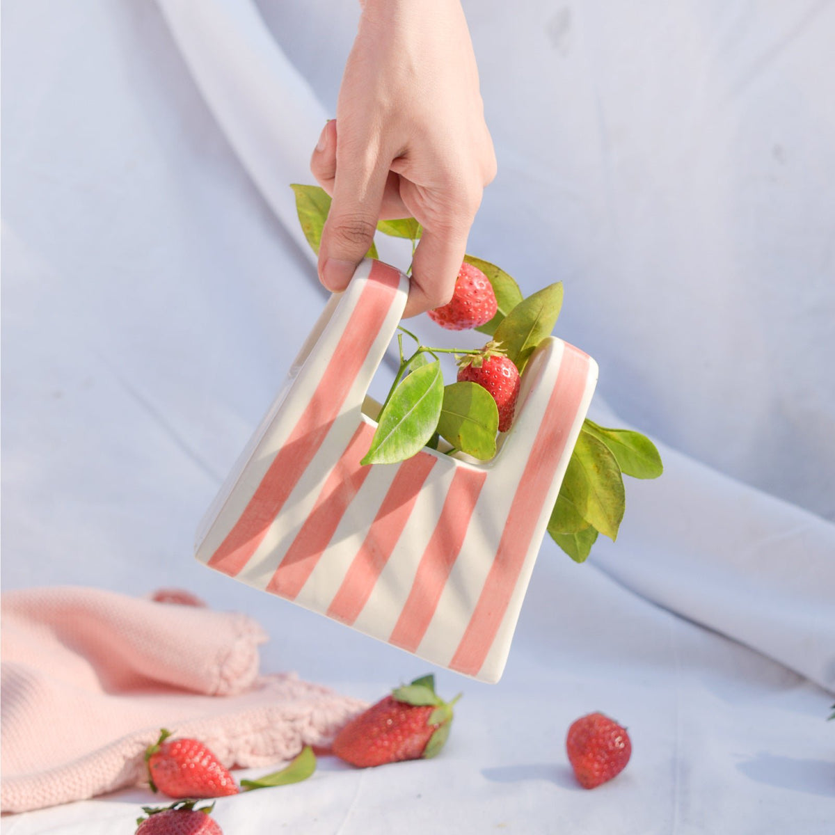 Vaas | Keramische zakvorm | Kleine, roze streep