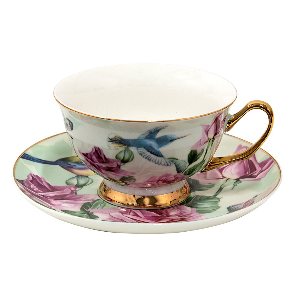 Kop en Schotel 200 ml Groen Porselein Bloemen Servies