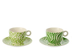 J-Line kopje + schoteltje - porselein - groen/wit - L - set van 2