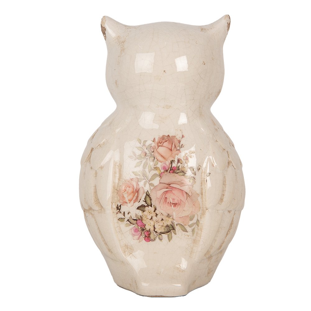 Decoratie Beeld Uil 13x12x21 cm Beige Keramiek Bloemen
