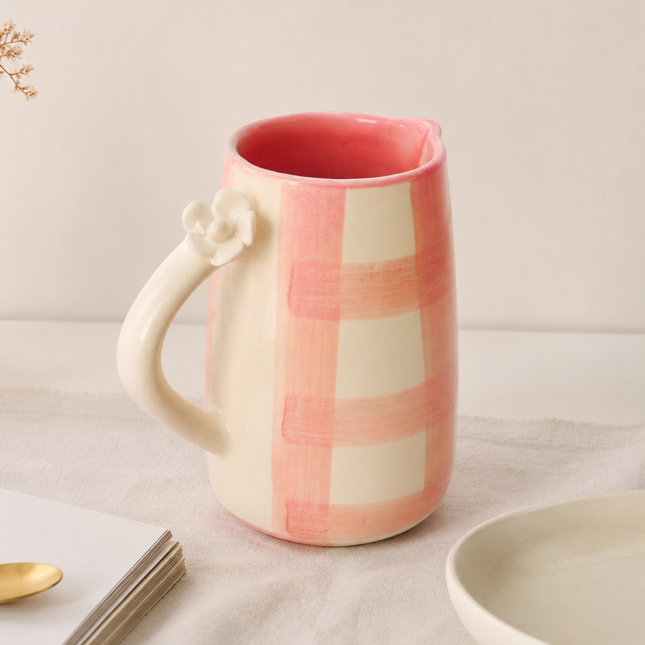 Kruik | Keramiek Handgeschilderde Daisy Check | 800ml Roze