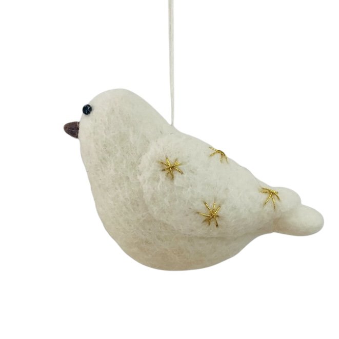 Luna-Leena vogel hangend ornament - gouden sterren - wol - handgemaakt in Nepal
