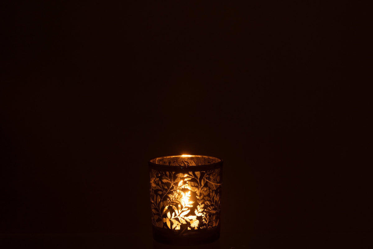 J-Line windlicht Blaadjes - glas - groen/goud - small