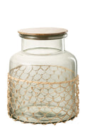 J-Line pot Deksel Breiwerk - glas/hout/jute - transparant - L