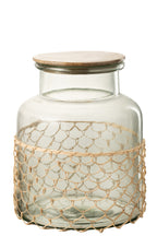 J-Line pot Deksel Breiwerk - glas/hout/jute - transparant - L