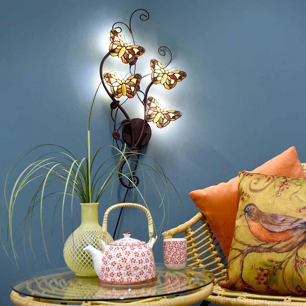 Wandlamp Tiffany 32x68 cm Geel Bruin Metaal Vlinder Muurlamp