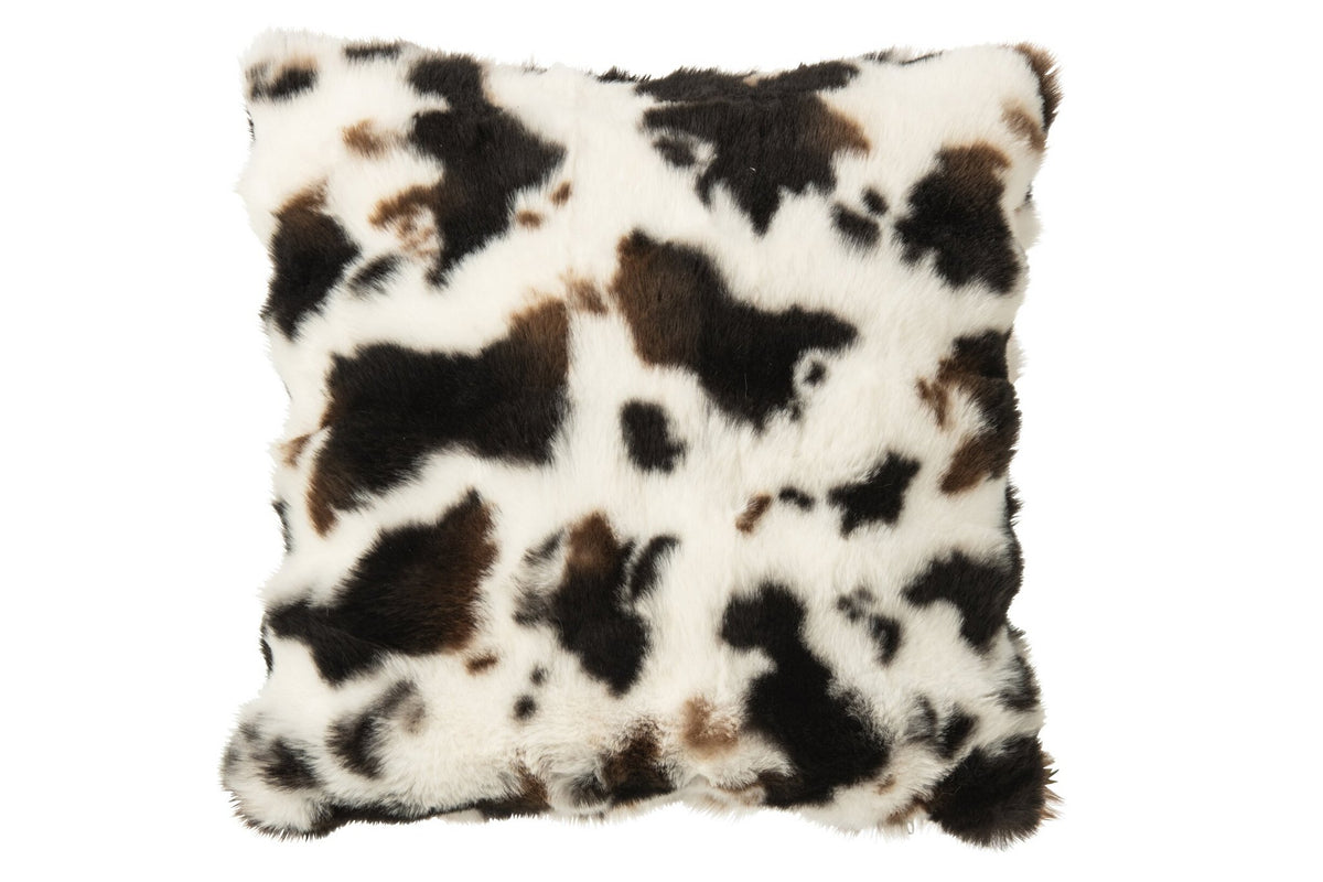 J-Line Kussen met koeienmotief - polyester - wit/donkerbruin