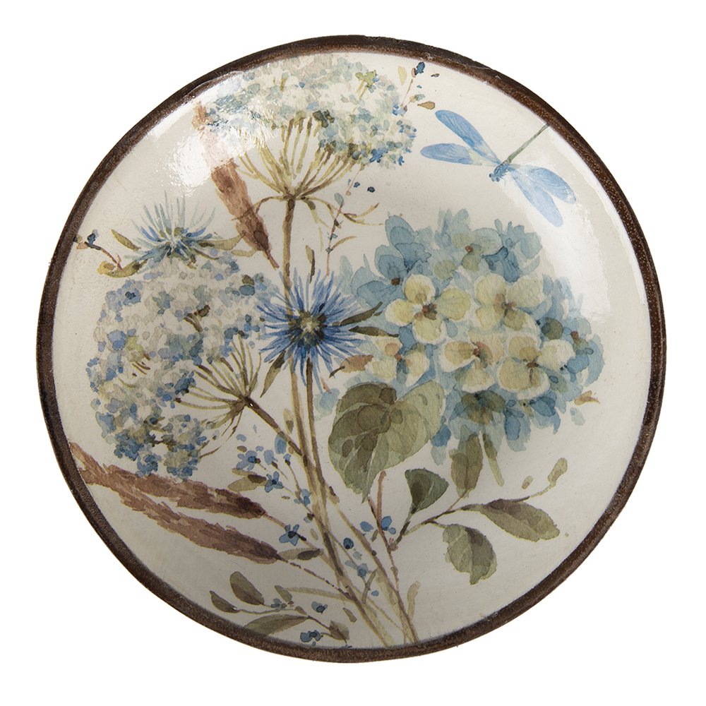 Serveerschaal Ø 20x4 cm Wit Blauw Hout Bloemen Presenteerschaal